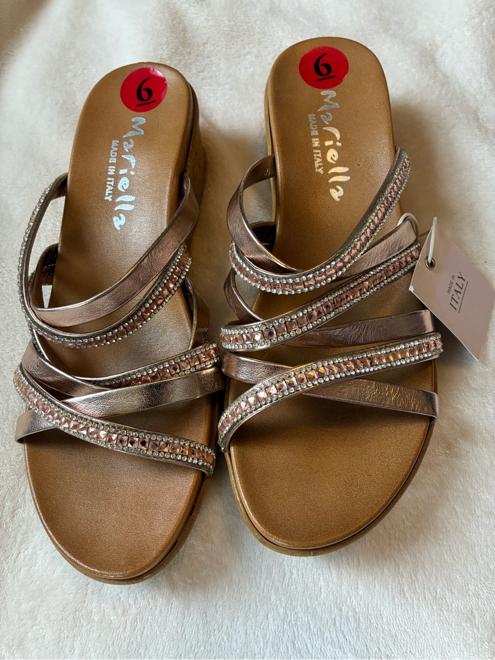 Mariella Rose gold Strappy Wedge Sandals Made in Italy nwt size 6 Rhinestone